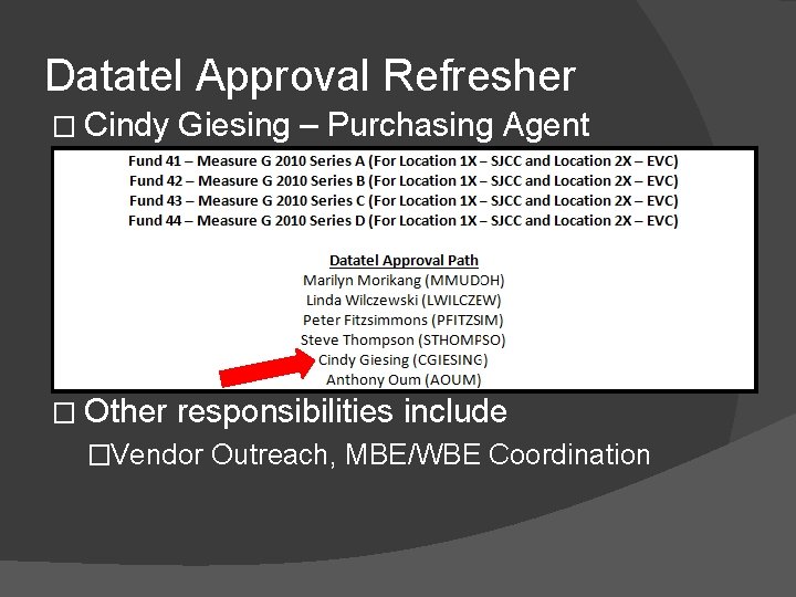 Datatel Approval Refresher � Cindy Giesing – Purchasing Agent � Other responsibilities include �Vendor