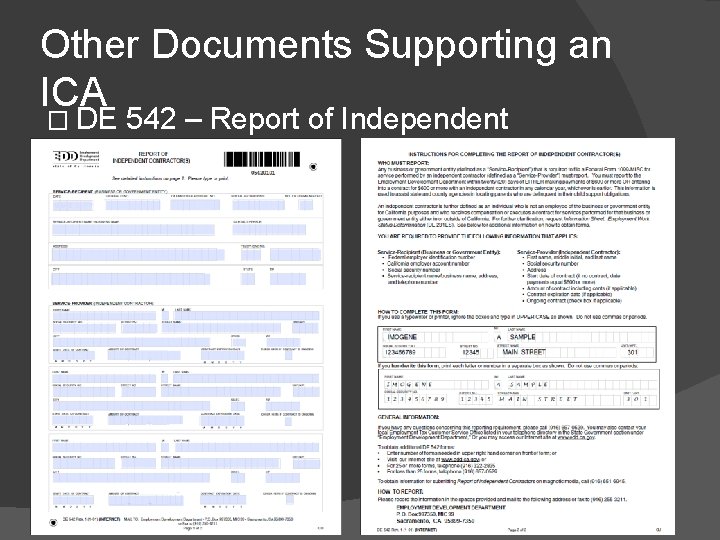 Other Documents Supporting an ICA � DE 542 – Report of Independent Contractor(s) 
