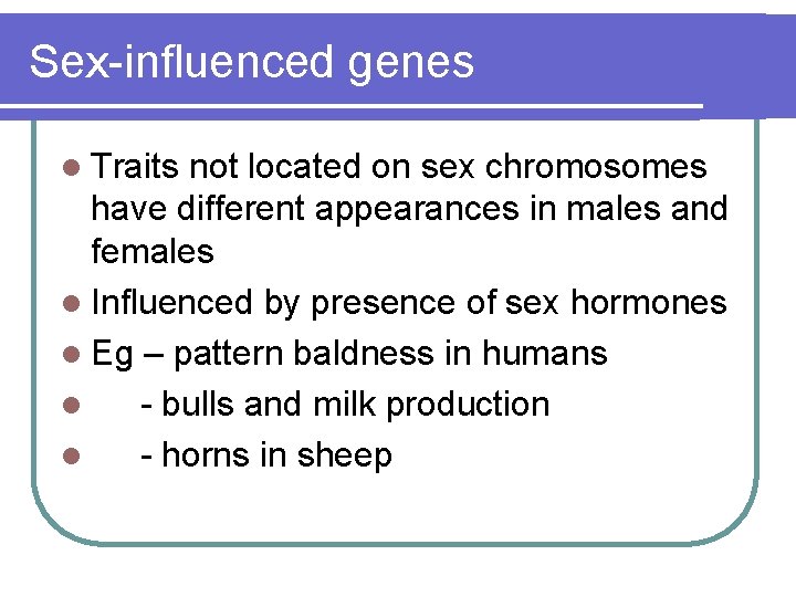 Sex-influenced genes l Traits not located on sex chromosomes have different appearances in males