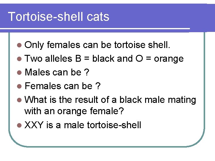 Tortoise-shell cats l Only females can be tortoise shell. l Two alleles B =