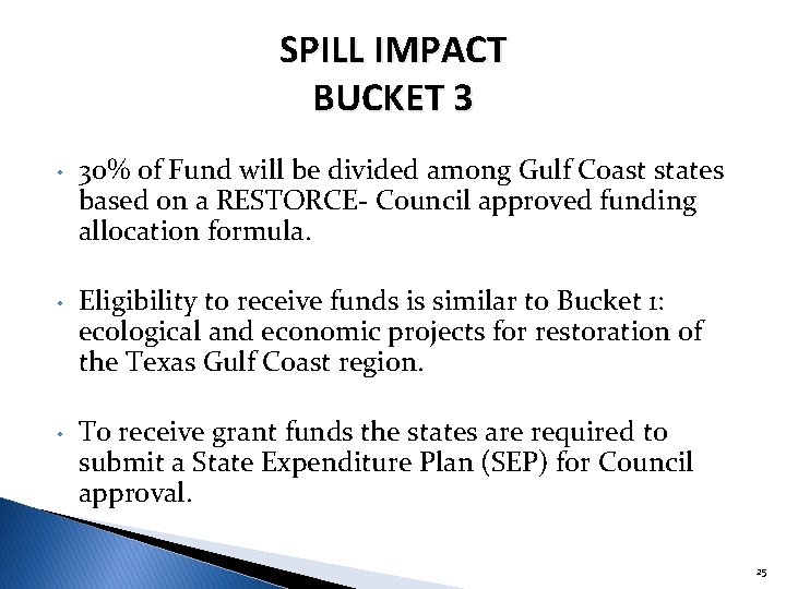 SPILL IMPACT BUCKET 3 • 30% of Fund will be divided among Gulf Coast