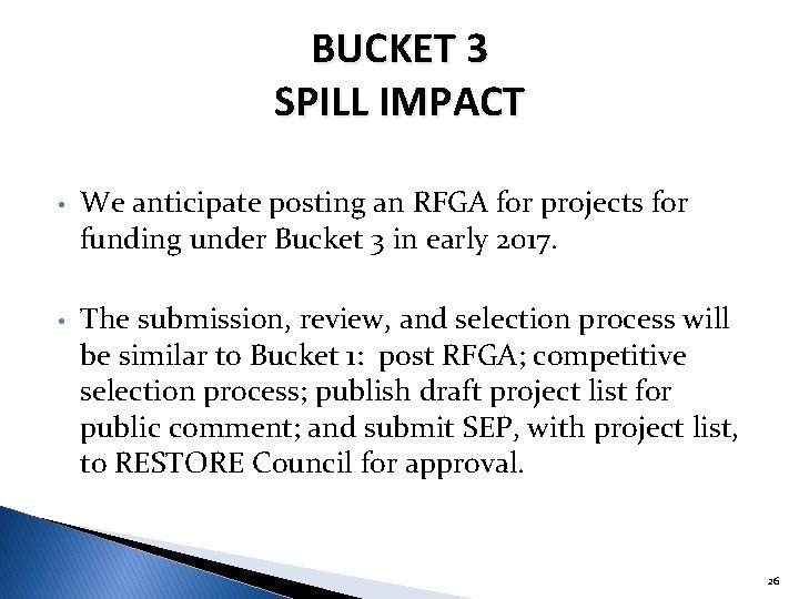 BUCKET 3 SPILL IMPACT • We anticipate posting an RFGA for projects for funding