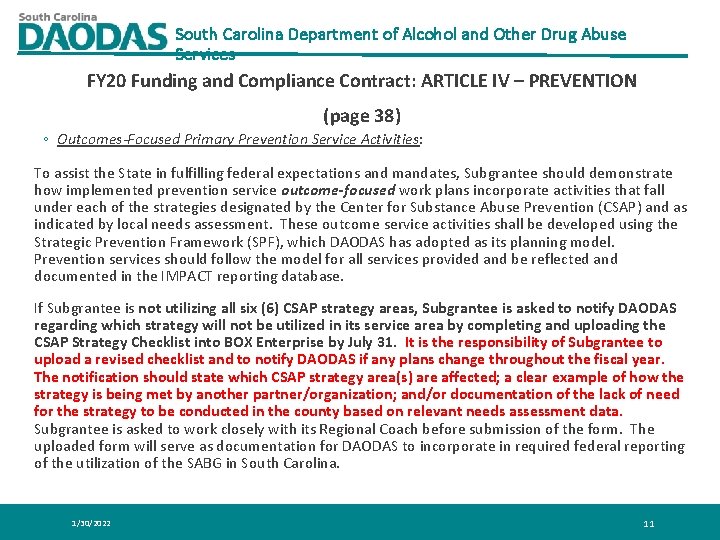 South Carolina Department of Alcohol and Other Drug Abuse Services FY 20 Funding and South Carolina Department of Alcohol and Other Drug Abuse Services FY 20 Funding and