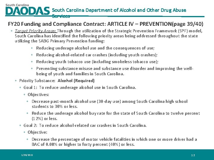 South Carolina Department of Alcohol and Other Drug Abuse Services FY 20 Funding and South Carolina Department of Alcohol and Other Drug Abuse Services FY 20 Funding and