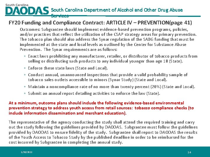 South Carolina Department of Alcohol and Other Drug Abuse Services FY 20 Funding and South Carolina Department of Alcohol and Other Drug Abuse Services FY 20 Funding and
