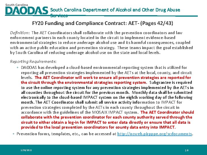 South Carolina Department of Alcohol and Other Drug Abuse Services FY 20 Funding and South Carolina Department of Alcohol and Other Drug Abuse Services FY 20 Funding and