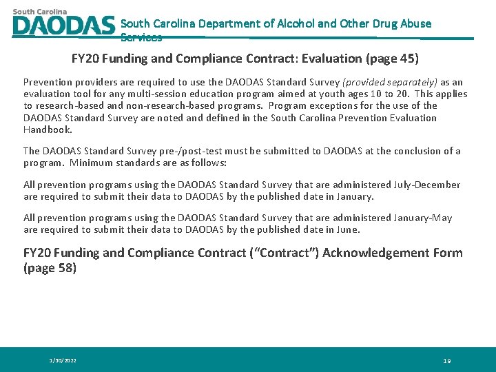 South Carolina Department of Alcohol and Other Drug Abuse Services FY 20 Funding and South Carolina Department of Alcohol and Other Drug Abuse Services FY 20 Funding and