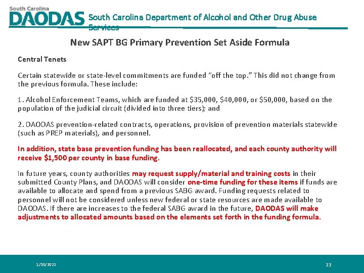 South Carolina Department of Alcohol and Other Drug Abuse Services New SAPT BG Primary South Carolina Department of Alcohol and Other Drug Abuse Services New SAPT BG Primary
