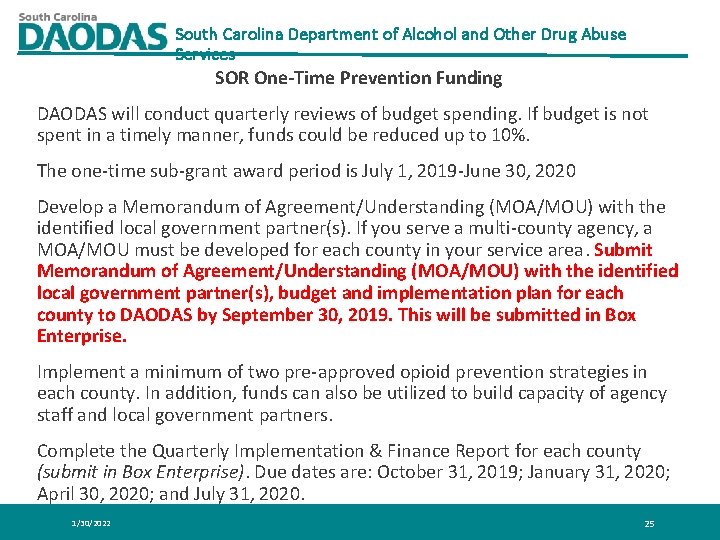 South Carolina Department of Alcohol and Other Drug Abuse Services SOR One-Time Prevention Funding South Carolina Department of Alcohol and Other Drug Abuse Services SOR One-Time Prevention Funding