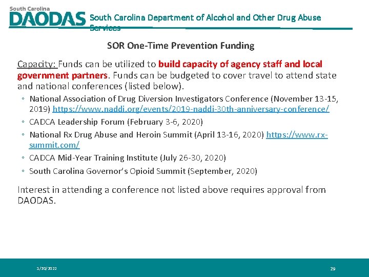 South Carolina Department of Alcohol and Other Drug Abuse Services SOR One-Time Prevention Funding South Carolina Department of Alcohol and Other Drug Abuse Services SOR One-Time Prevention Funding