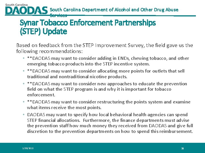 South Carolina Department of Alcohol and Other Drug Abuse Services Synar Tobacco Enforcement Partnerships South Carolina Department of Alcohol and Other Drug Abuse Services Synar Tobacco Enforcement Partnerships