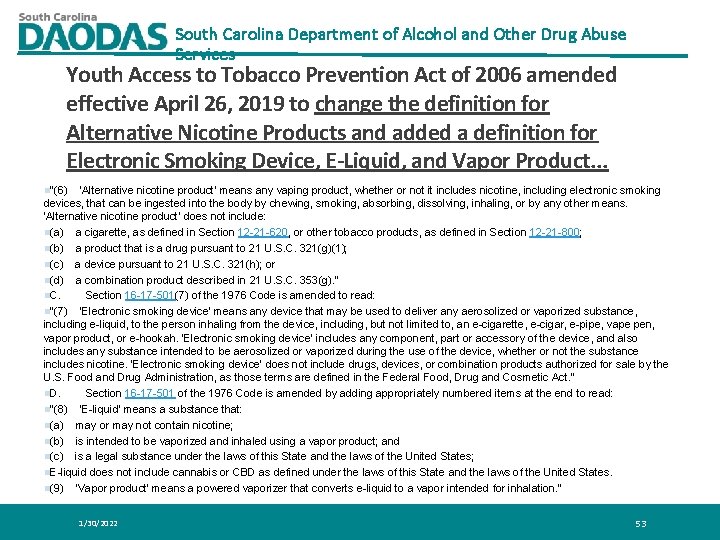 South Carolina Department of Alcohol and Other Drug Abuse Services Youth Access to Tobacco South Carolina Department of Alcohol and Other Drug Abuse Services Youth Access to Tobacco