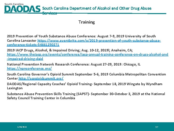 South Carolina Department of Alcohol and Other Drug Abuse Services Training 2019 Prevention of South Carolina Department of Alcohol and Other Drug Abuse Services Training 2019 Prevention of