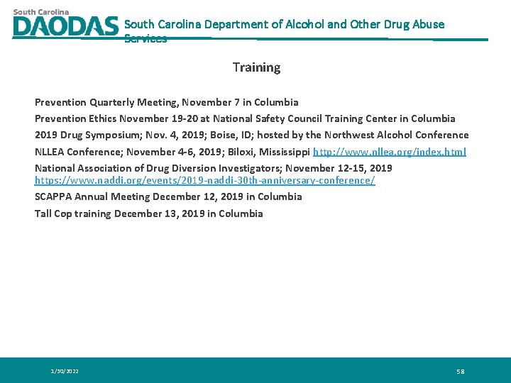 South Carolina Department of Alcohol and Other Drug Abuse Services Training Prevention Quarterly Meeting, South Carolina Department of Alcohol and Other Drug Abuse Services Training Prevention Quarterly Meeting,