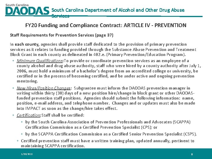 South Carolina Department of Alcohol and Other Drug Abuse Services FY 20 Funding and South Carolina Department of Alcohol and Other Drug Abuse Services FY 20 Funding and