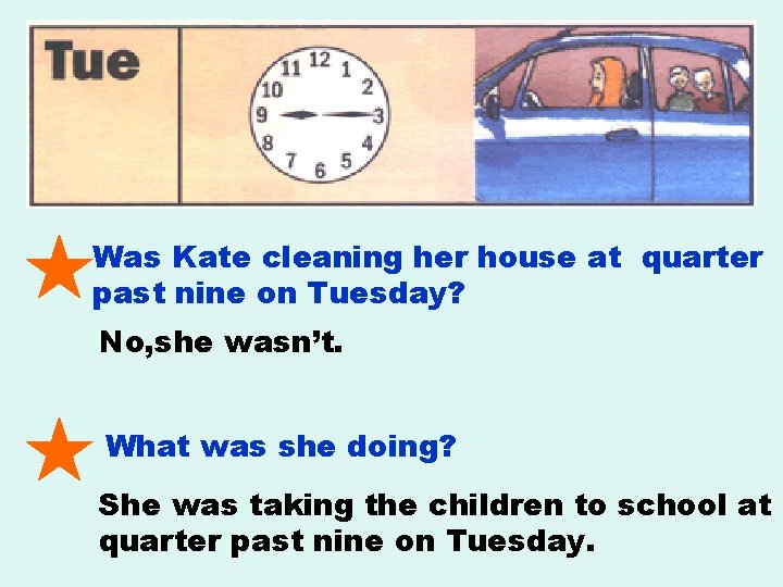 Was Kate cleaning her house at quarter past nine on Tuesday? No, she wasn’t.