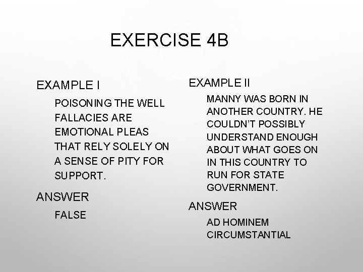 EXERCISE 4 B EXAMPLE I POISONING THE WELL FALLACIES ARE EMOTIONAL PLEAS THAT RELY