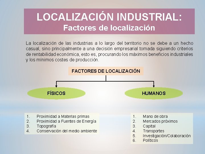 LOCALIZACIÓN INDUSTRIAL: Factores de localización La localización de las industrias a lo largo del