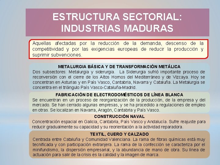 ESTRUCTURA SECTORIAL: INDUSTRIAS MADURAS Aquellas afectadas por la reducción de la demanda, descenso de