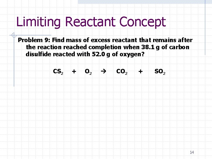 Limiting Reactant Concept Problem 9: Find mass of excess reactant that remains after the