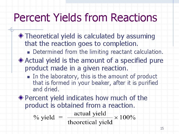Percent Yields from Reactions Theoretical yield is calculated by assuming that the reaction goes