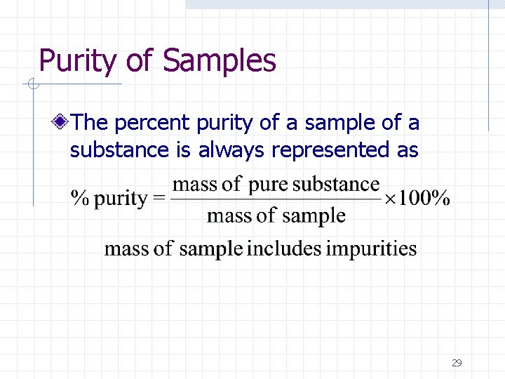 Purity of Samples The percent purity of a sample of a substance is always