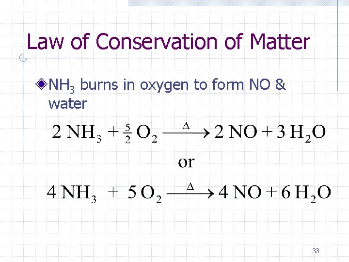 Law of Conservation of Matter NH 3 burns in oxygen to form NO &