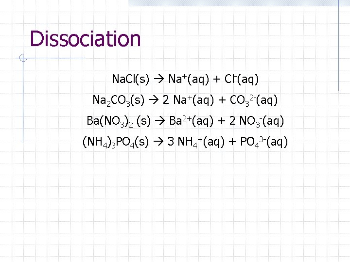 Dissociation Na. Cl(s) Na+(aq) + Cl-(aq) Na 2 CO 3(s) 2 Na+(aq) + CO