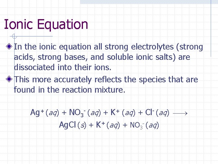Ionic Equation In the ionic equation all strong electrolytes (strong acids, strong bases, and
