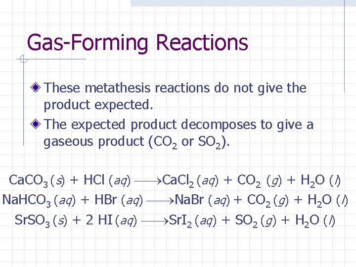 Gas-Forming Reactions These metathesis reactions do not give the product expected. The expected product