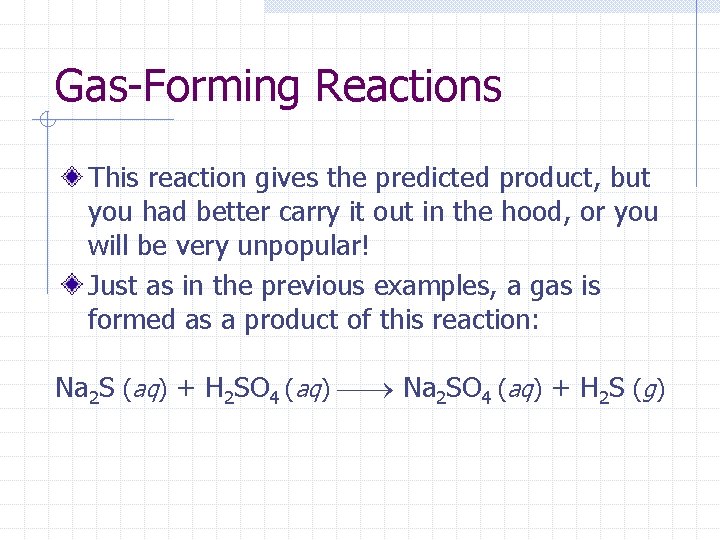 Gas-Forming Reactions This reaction gives the predicted product, but you had better carry it