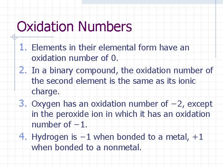 Oxidation Numbers 1. Elements in their elemental form have an oxidation number of 0.