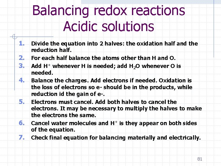 Balancing redox reactions Acidic solutions 1. 2. 3. 4. 5. 6. 7. Divide the