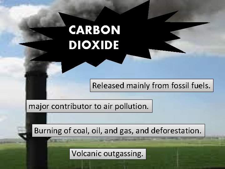 CARBON DIOXIDE Released mainly from fossil fuels. major contributor to air pollution. Burning of