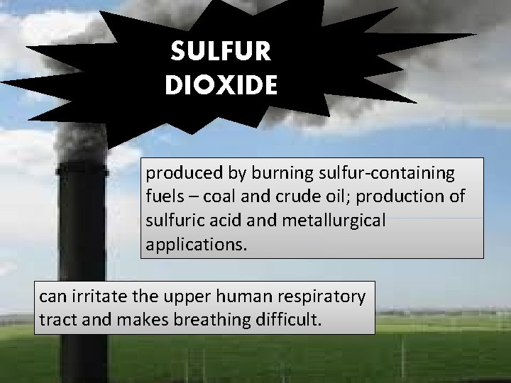 SULFUR DIOXIDE produced by burning sulfur-containing fuels – coal and crude oil; production of
