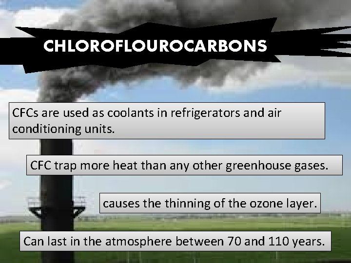 CHLOROFLOUROCARBONS CFCs are used as coolants in refrigerators and air conditioning units. CFC trap