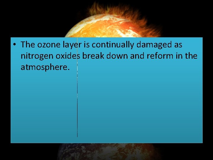  • The ozone layer is continually damaged as nitrogen oxides break down and