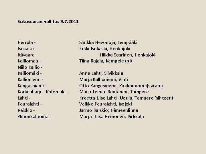 Sukuseuran hallitus 9. 7. 2011 Herrala Isokaski Itävaara Kalliomaa Niilo Kalliomäki Kallioniemi Kangasniemi Korkeaharju-