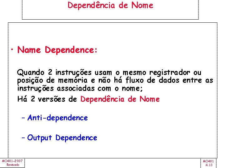 Dependência de Nome • Name Dependence: Quando 2 instruções usam o mesmo registrador ou
