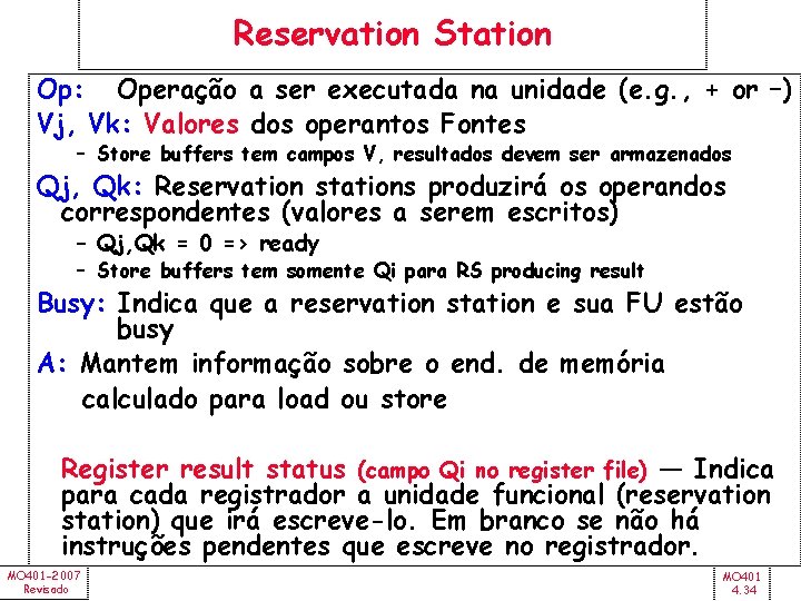 Reservation Station Op: Operação a ser executada na unidade (e. g. , + or