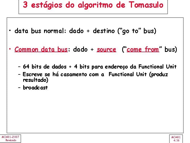 3 estágios do algoritmo de Tomasulo • data bus normal: dado + destino (“go