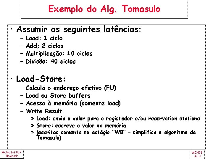 Exemplo do Alg. Tomasulo • Assumir as seguintes latências: – – Load: 1 ciclo