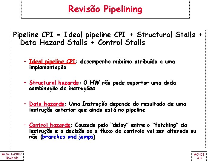 Revisão Pipelining Pipeline CPI = Ideal pipeline CPI + Structural Stalls + Data Hazard