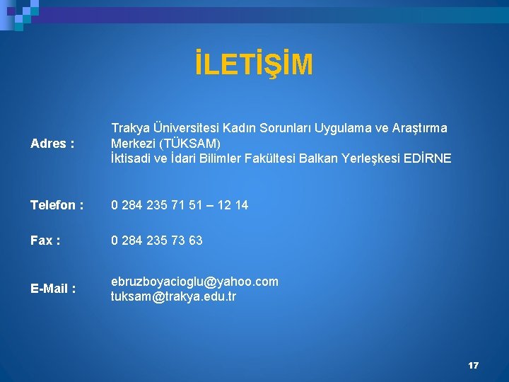 İLETİŞİM Adres : Trakya Üniversitesi Kadın Sorunları Uygulama ve Araştırma Merkezi (TÜKSAM) İktisadi ve