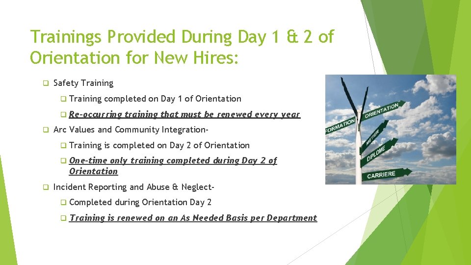 Trainings Provided During Day 1 & 2 of Orientation for New Hires: q q