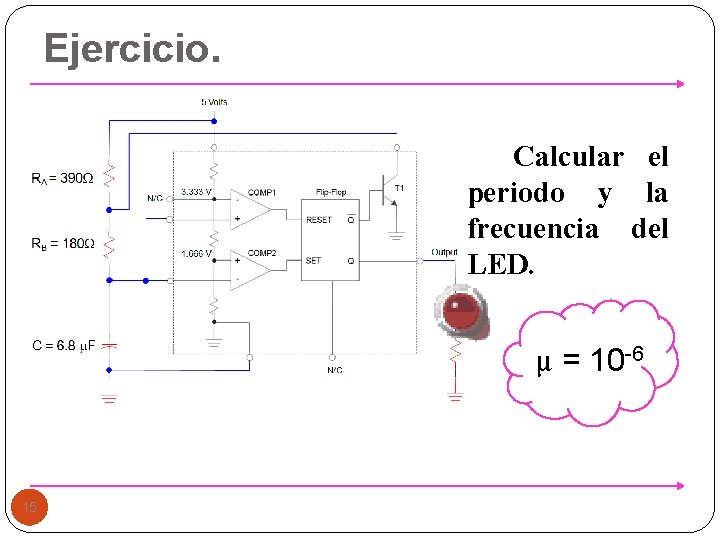 Ejercicio. Calcular el periodo y la frecuencia del LED. μ = 10 -6 15