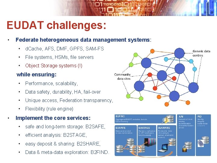 EUDAT challenges: • Federate heterogeneous data management systems: • d. Cache, AFS, DMF, GPFS,