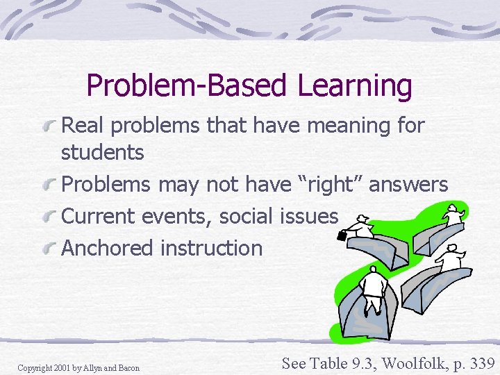 Problem-Based Learning Real problems that have meaning for students Problems may not have “right” Problem-Based Learning Real problems that have meaning for students Problems may not have “right”