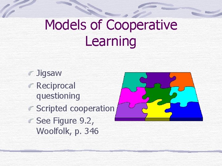 Models of Cooperative Learning Jigsaw Reciprocal questioning Scripted cooperation See Figure 9. 2, Woolfolk, Models of Cooperative Learning Jigsaw Reciprocal questioning Scripted cooperation See Figure 9. 2, Woolfolk,