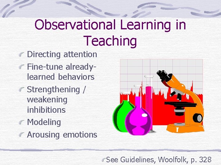Observational Learning in Teaching Directing attention Fine-tune alreadylearned behaviors Strengthening / weakening inhibitions Modeling Observational Learning in Teaching Directing attention Fine-tune alreadylearned behaviors Strengthening / weakening inhibitions Modeling